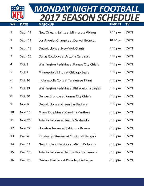 NFL Monday Night Football 2017 Schedule